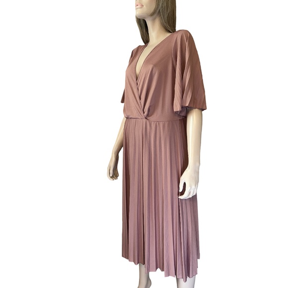 ASOS Dress Simply Be Pleated Kimono Sleeve Deep V Neck Midi Skater Rose Pink - Picture 3 of 14